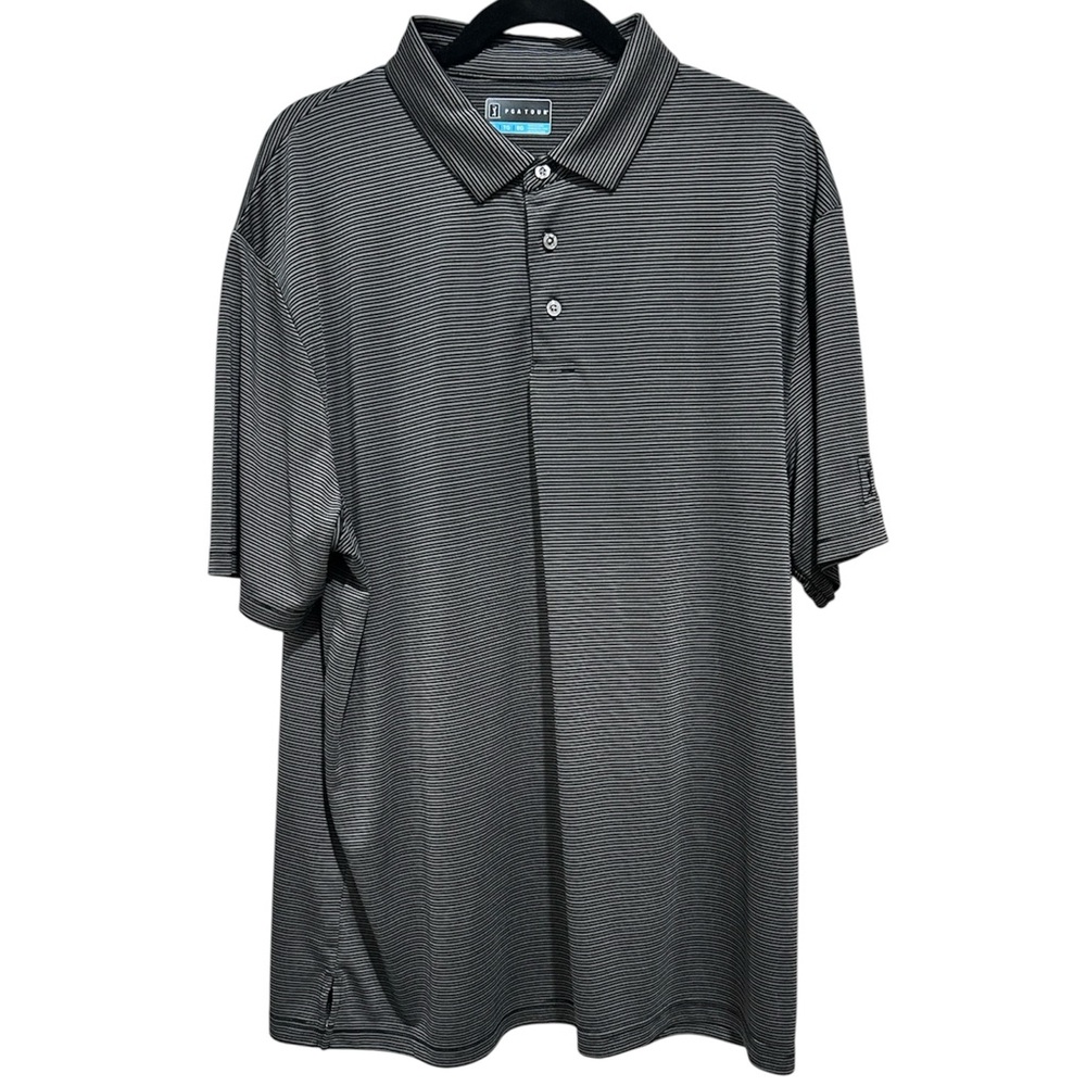 PGA Tour Golf Polo Men’s XL Gray Striped Performance Wear Shirt EUC Sort Sleeve